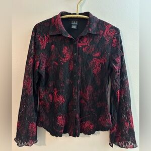 INC International Concepts Black Red Rose Lace Button Up Blouse Top Womens Large